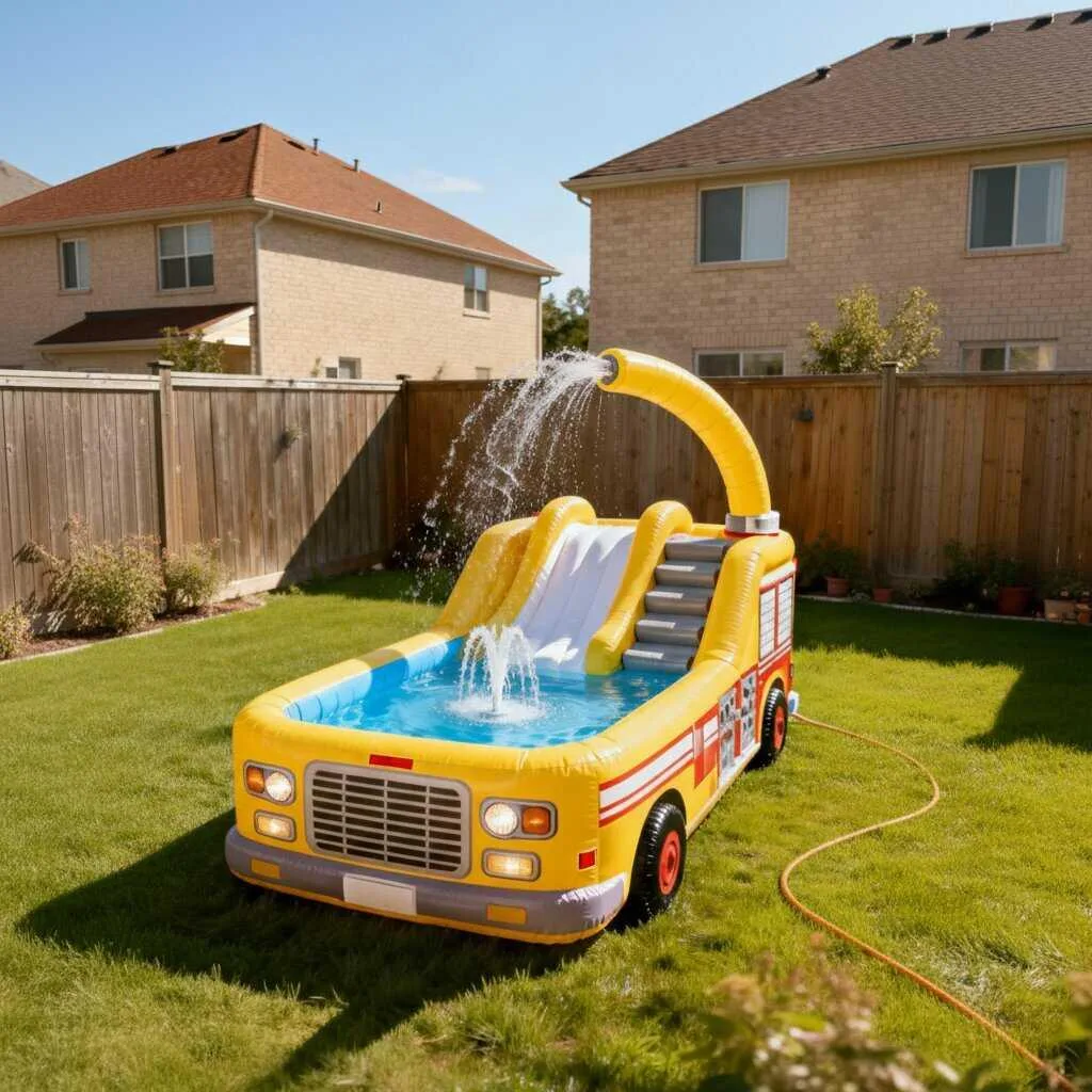 Children playing in a giant inflatable firetruck pool