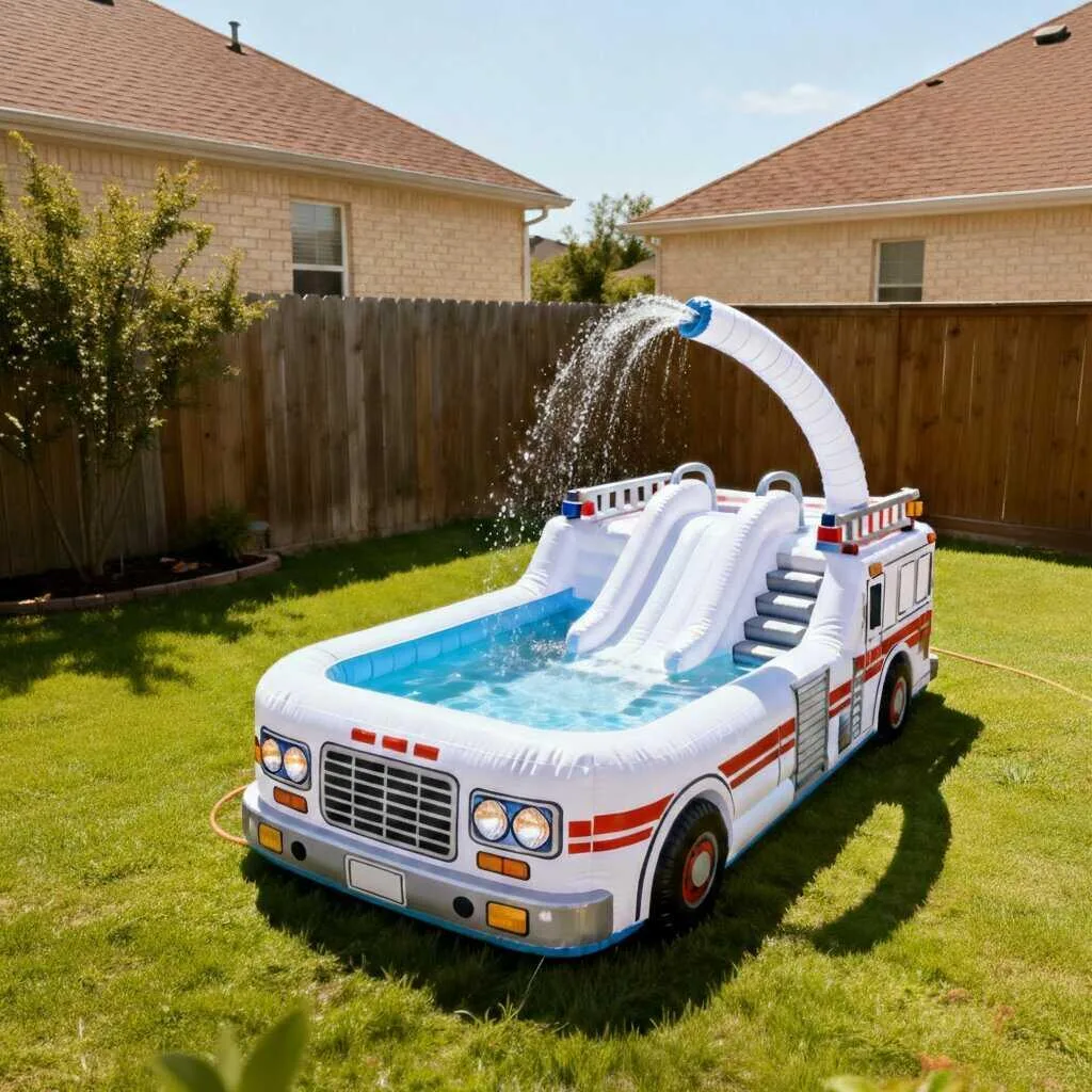 Close-up of the giant inflatable firetruck pool