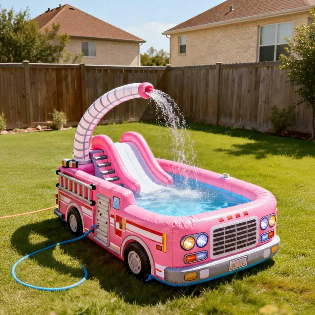 A family enjoying a giant inflatable firetruck pool